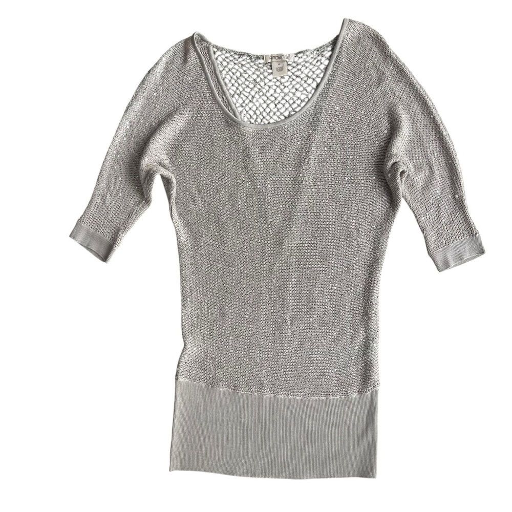 Arden B Womenโs Sz XS Tan Silver Metallic Sequins 3/4 Sleeves Knit Sweater Tunic